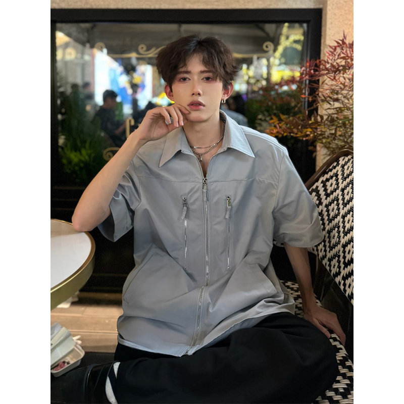 浅蓝色垫肩拉链短袖衬衫男款