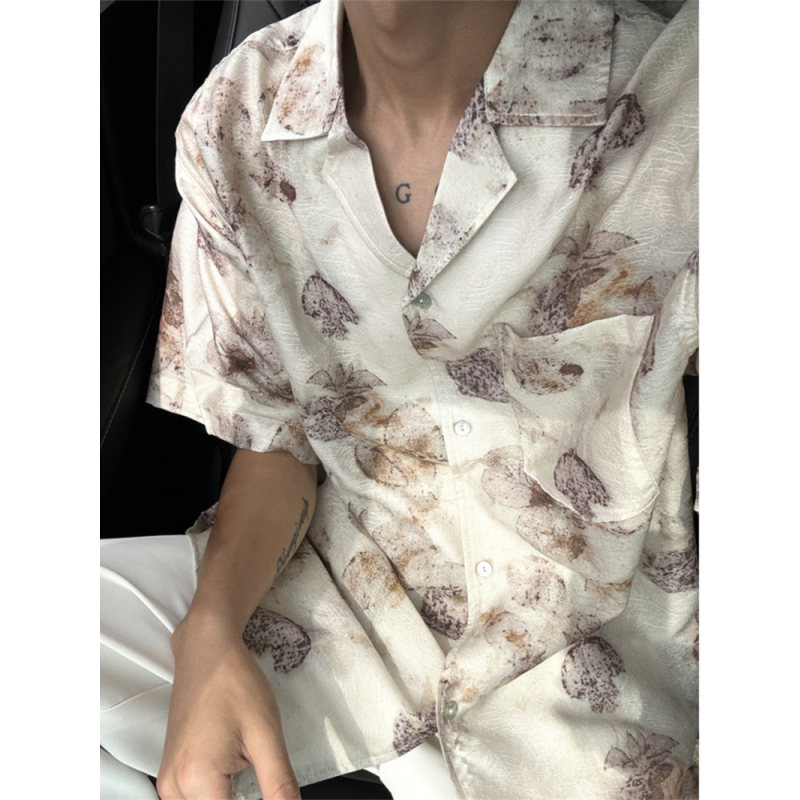 树纹肌理感满印短袖衬衫男