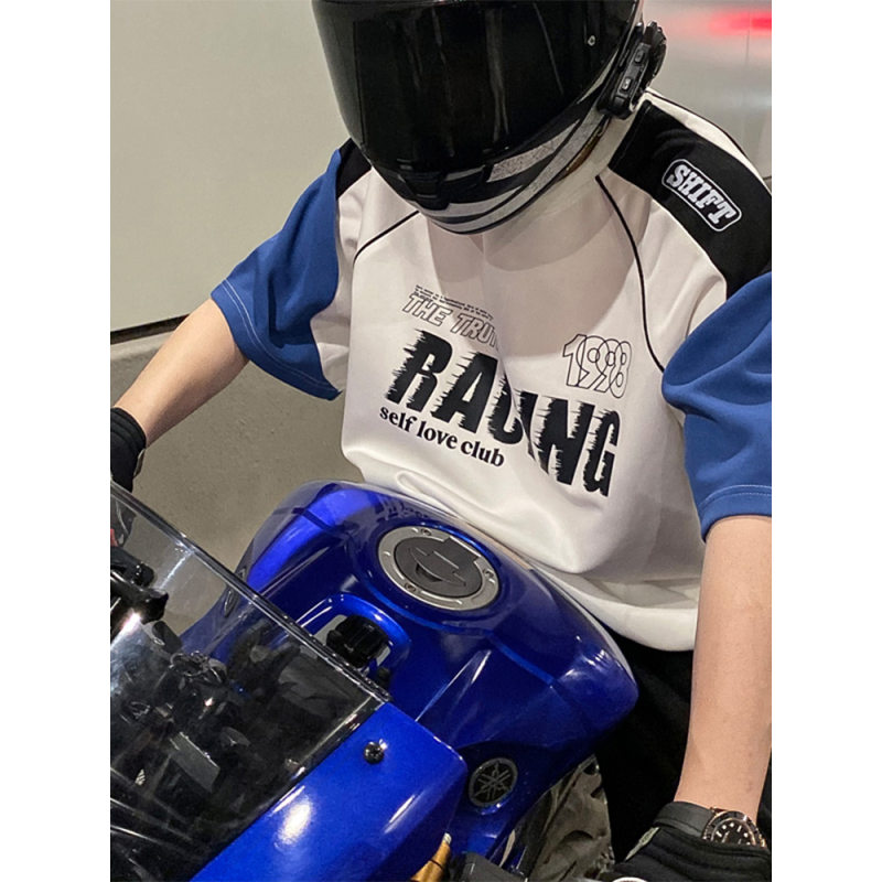 300g美式街头蓝白拼接短袖T恤