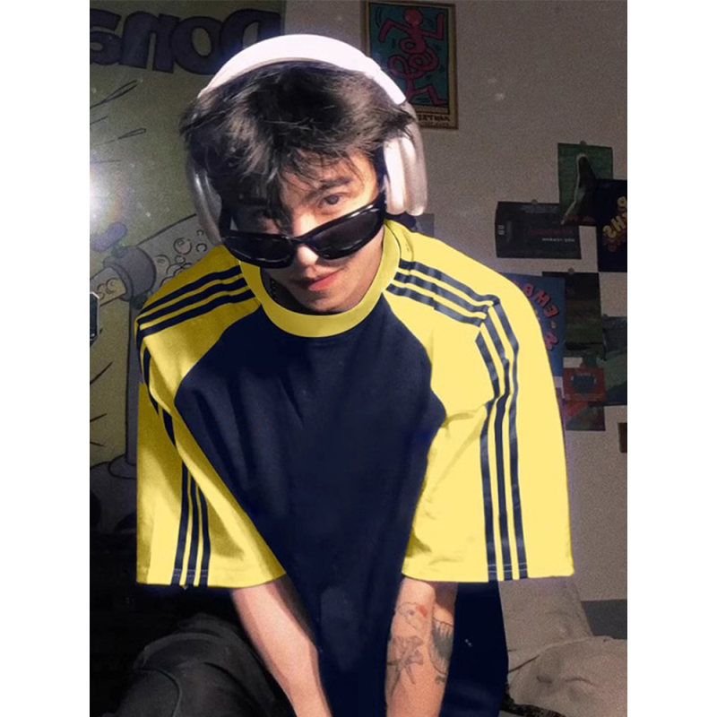 美式复古条纹插肩小领口短袖T恤