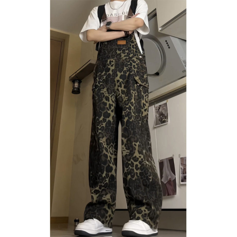 豹纹大口袋背带工装裤