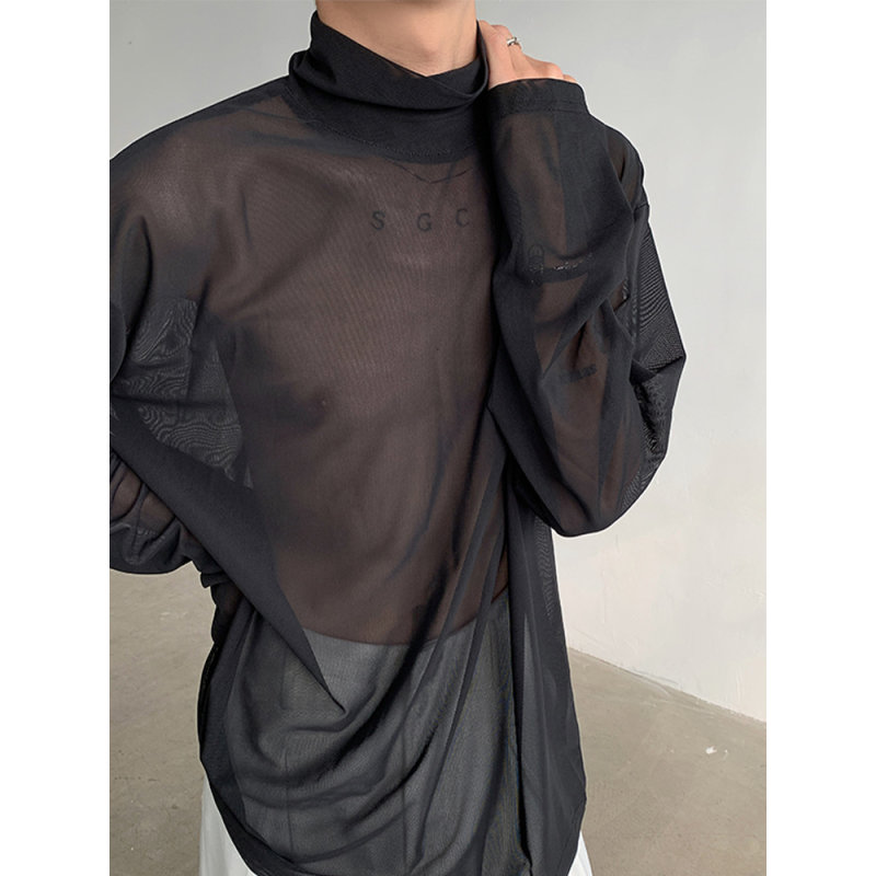 禁欲系高领镂空长袖T恤夏季男