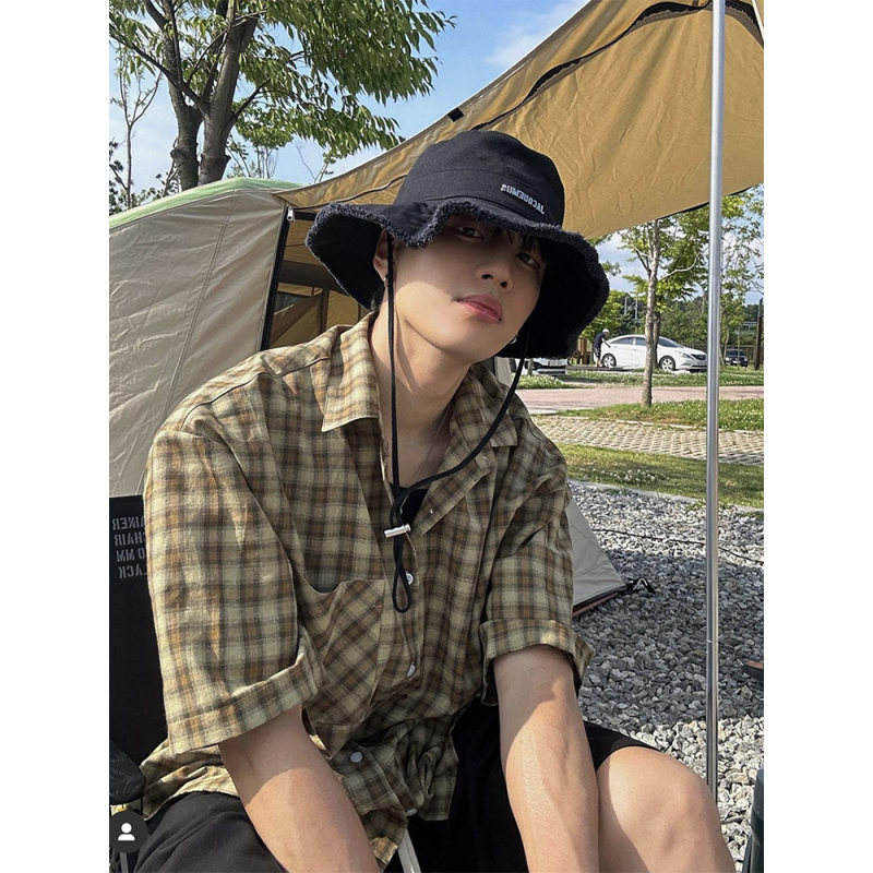 Vintage撞色格子短袖衬衣男