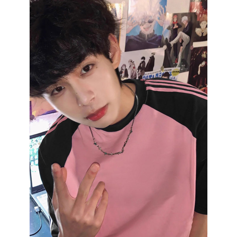 粉拼黑撞色条纹重磅短袖T恤