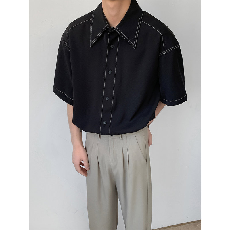 纯色线条设计短袖衬衫设计感男