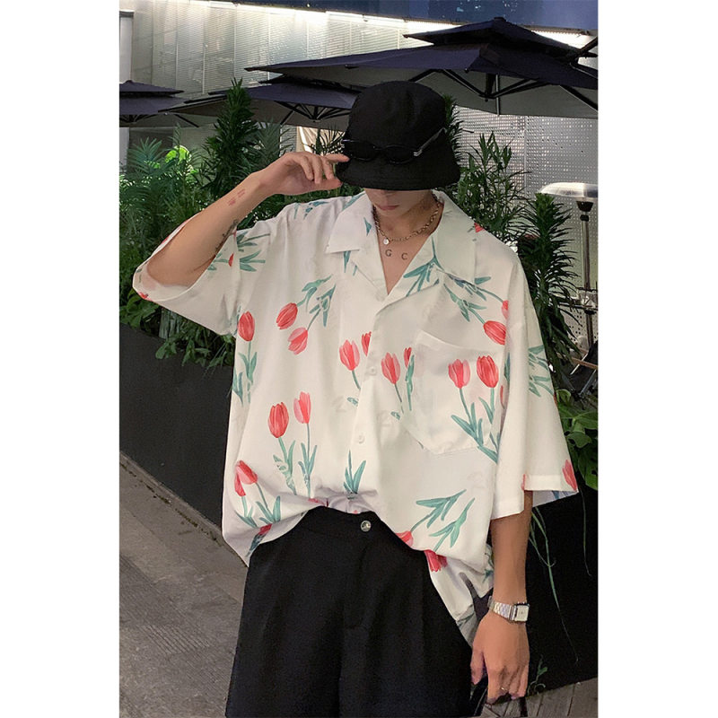 郁金香印花短袖衬衫男垂感