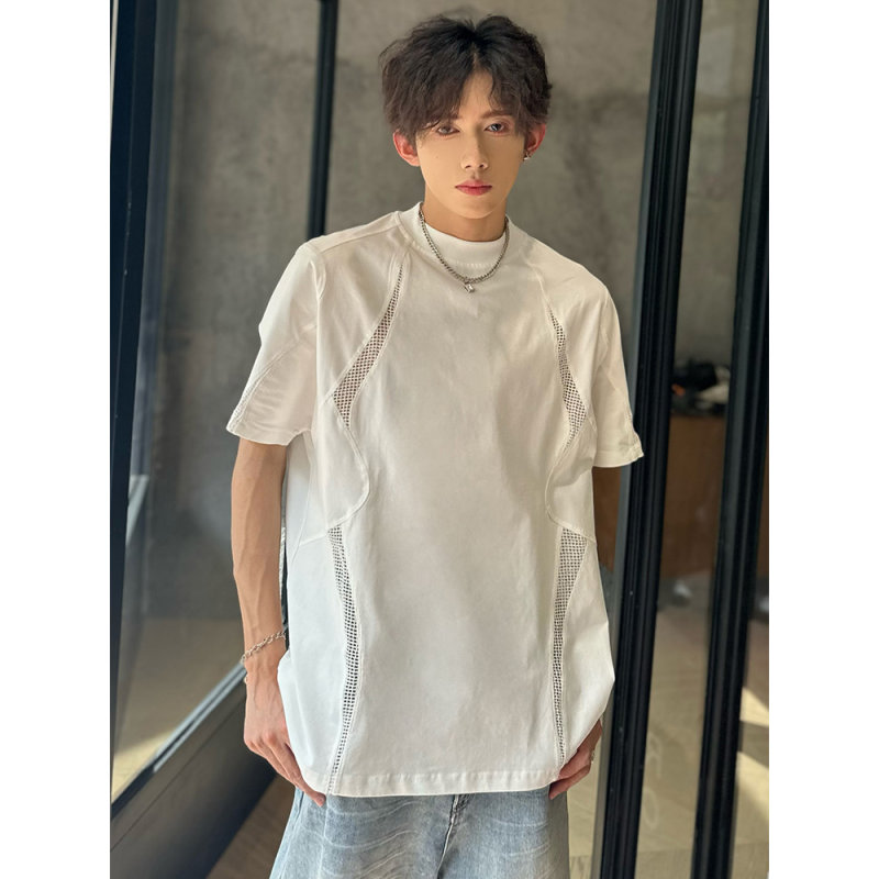 美式网眼拼接设计短袖T恤男夏季