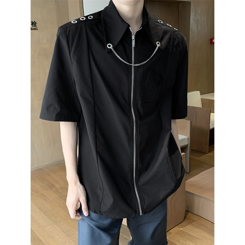 链条小众设计短袖衬衫男