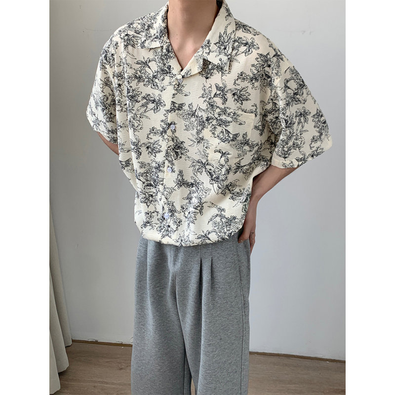 古巴领碎花短袖衬衫夏季