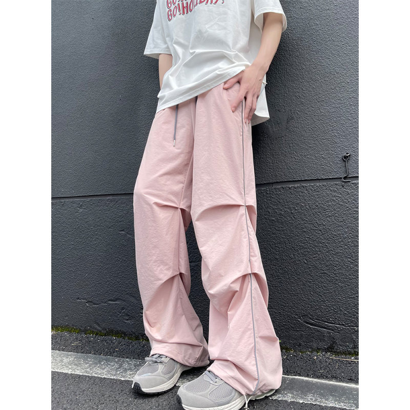 粉红色堆叠感伞兵裤男夏季