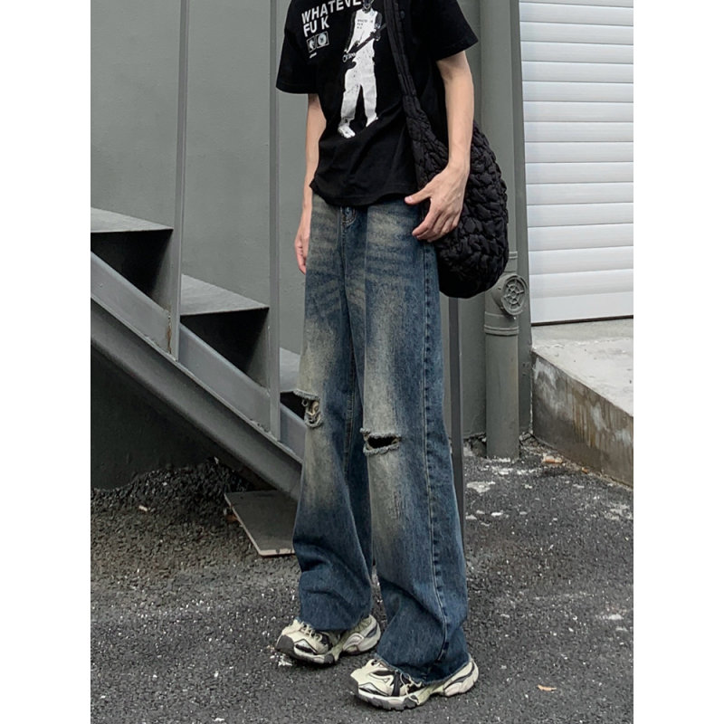 美式复古破洞牛仔裤子
