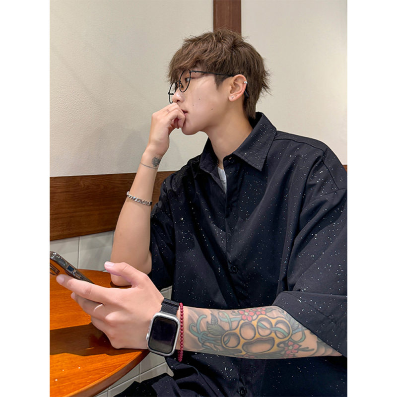 星空黑亮闪闪短袖衬衫男夏季