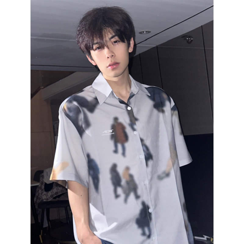 Vintage人影短袖衬衫男夏
