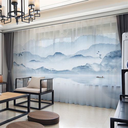 2026新中式窗帘山水画不透人纱帘