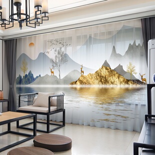 新中式山水窗帘布遮光山水画防晒隔热透光不透人纱帘