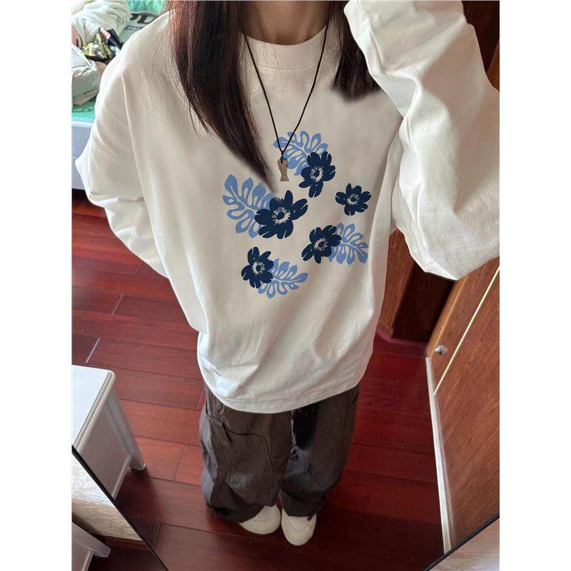 100%纯棉美式高街正肩白色长袖t恤女2026新款春季潮牌慵懒风上衣