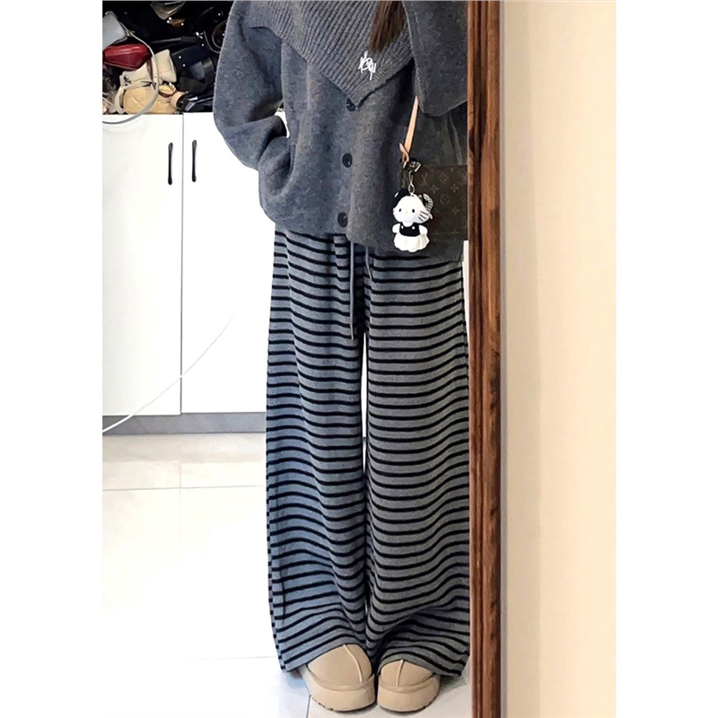 深灰色直筒条纹休闲裤女春季新款胖mm宽松大码显瘦软糯垂感阔腿裤