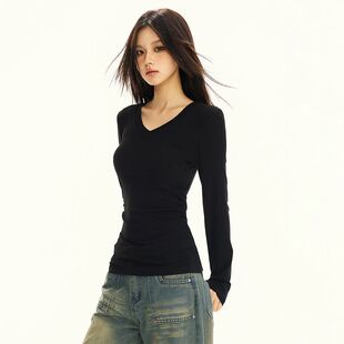 黑色V领长袖t恤打底衫女2026春秋新款内搭显瘦修身遮肚时尚上衣潮