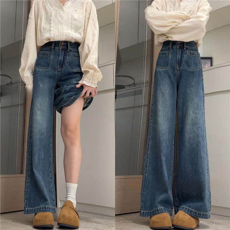 复古蓝阔腿牛仔裤女春季新款大码胖mm梨型身材高腰遮胯显瘦直筒裤