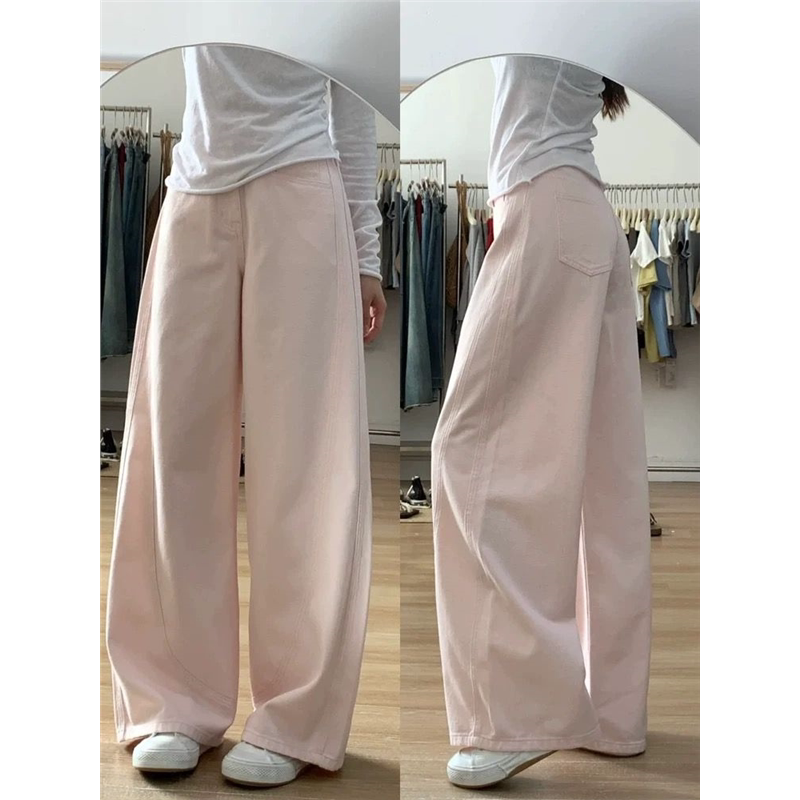 弯刀裤胖mm显瘦裤子女款春夏季梨形身材宽松慵懒风粉色阔腿牛仔裤