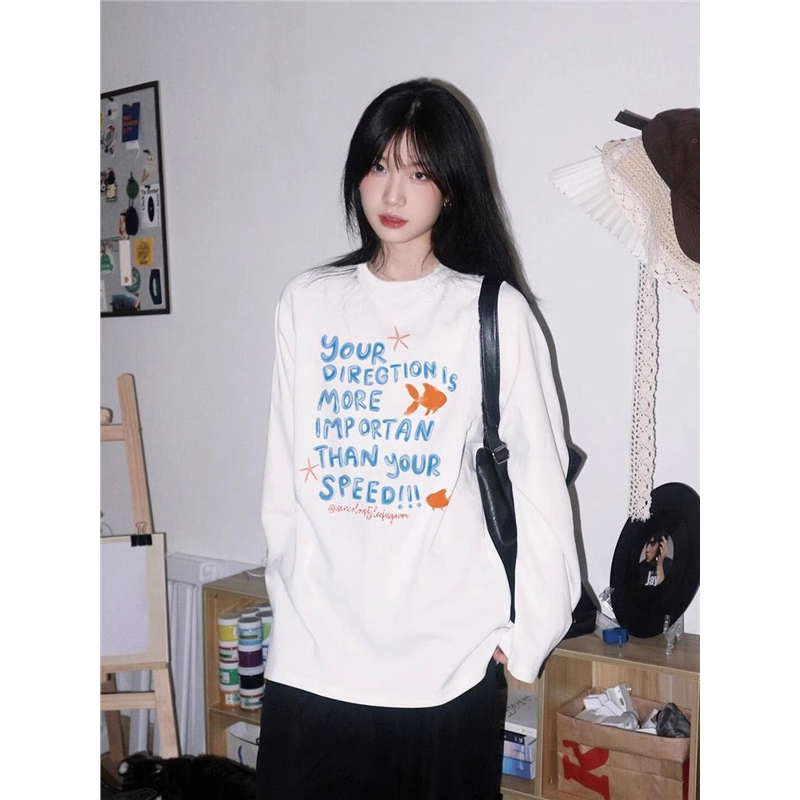 白色纯棉长袖t恤女新款宽松大码内搭打底衫设计感小众秋季上衣女