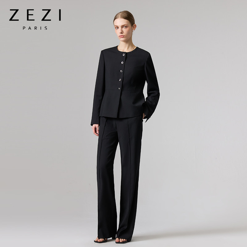 zezi羊毛圆领西装套装女西服春秋新款单排扣修身显瘦小香风短外套