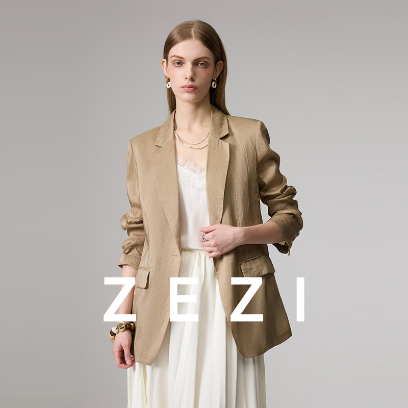 zezi亚麻轻薄休闲西装女外套春夏新款一粒扣气质通勤简约长袖西服
