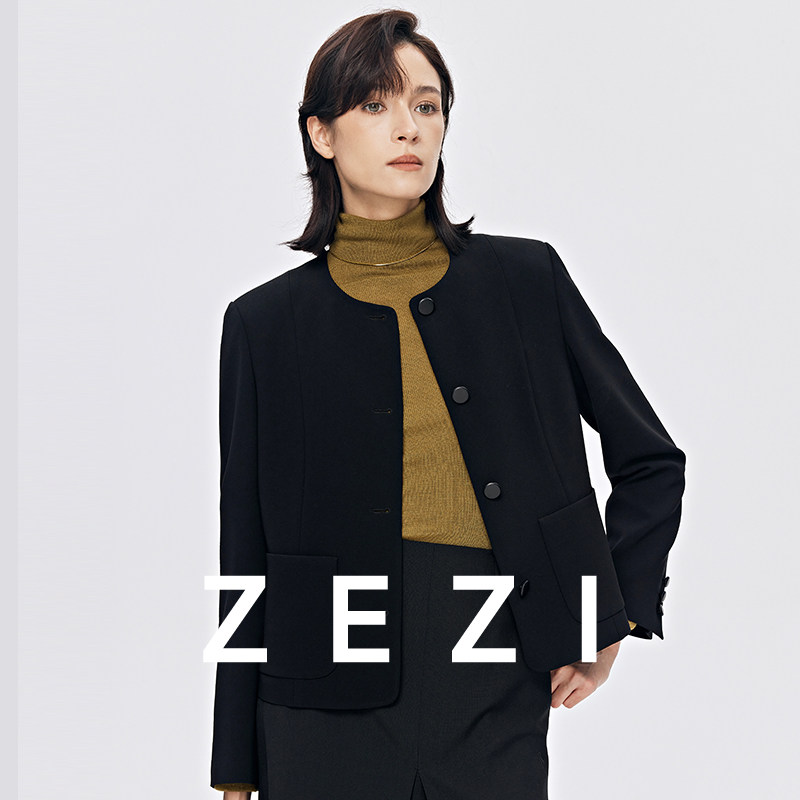 zezi黑白色三醋酸短款小香风外套春秋圆领修身通勤高端时尚上衣女