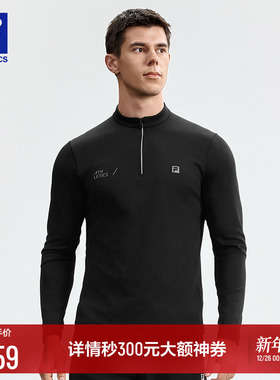 FILA 斐乐官方男运动长袖T恤秋季新款健身跑步半拉链长袖上衣黑色