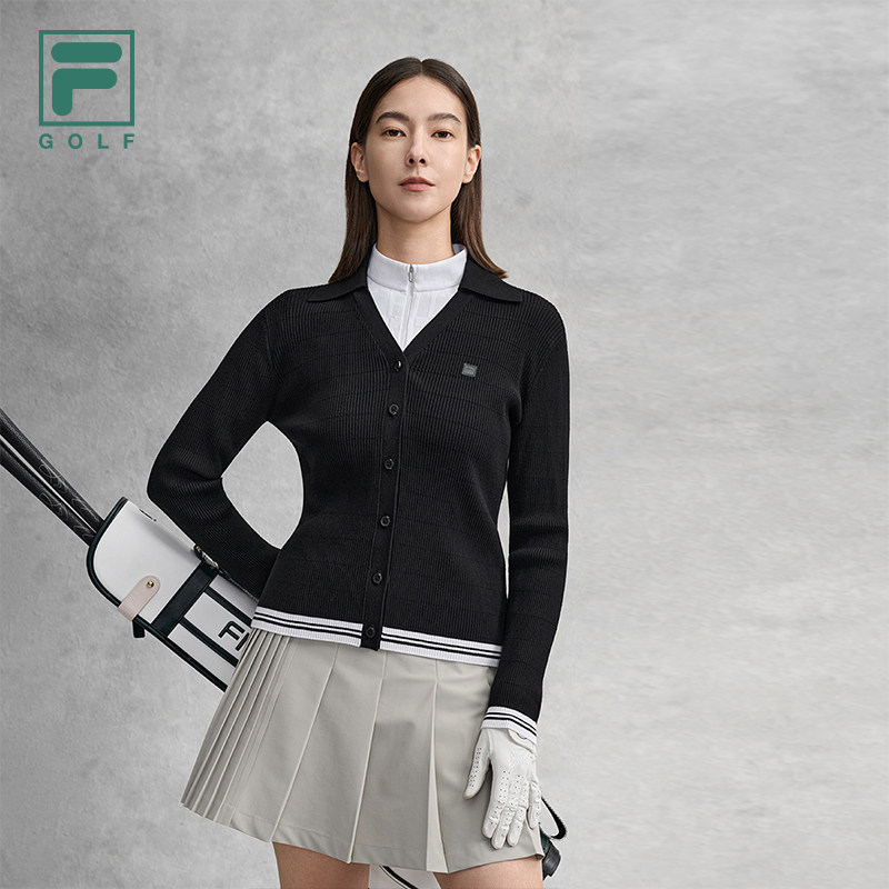 FILA 斐乐官方女士编织外套2026春季新款高尔夫运动翻领开衫毛衣