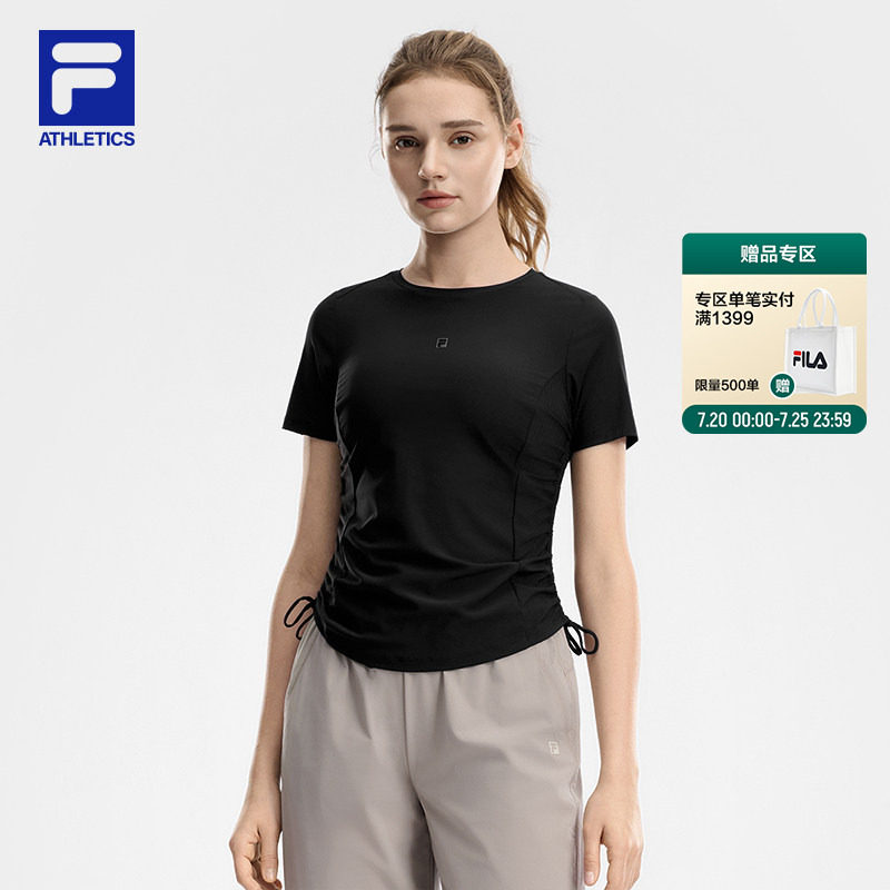 FILA 斐乐官方女士短袖T恤2026夏季新款拼接圆领黑色跑步运动上衣