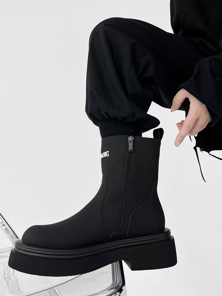 BRITISH-STYLE LEATHER PARISIAN ALPHABET MARTIN BOOTSMENS PLATFORM SOLES ZIPPERED CHELSEA BOOTS WOMENS MID-BARREL BIKER BOOTS