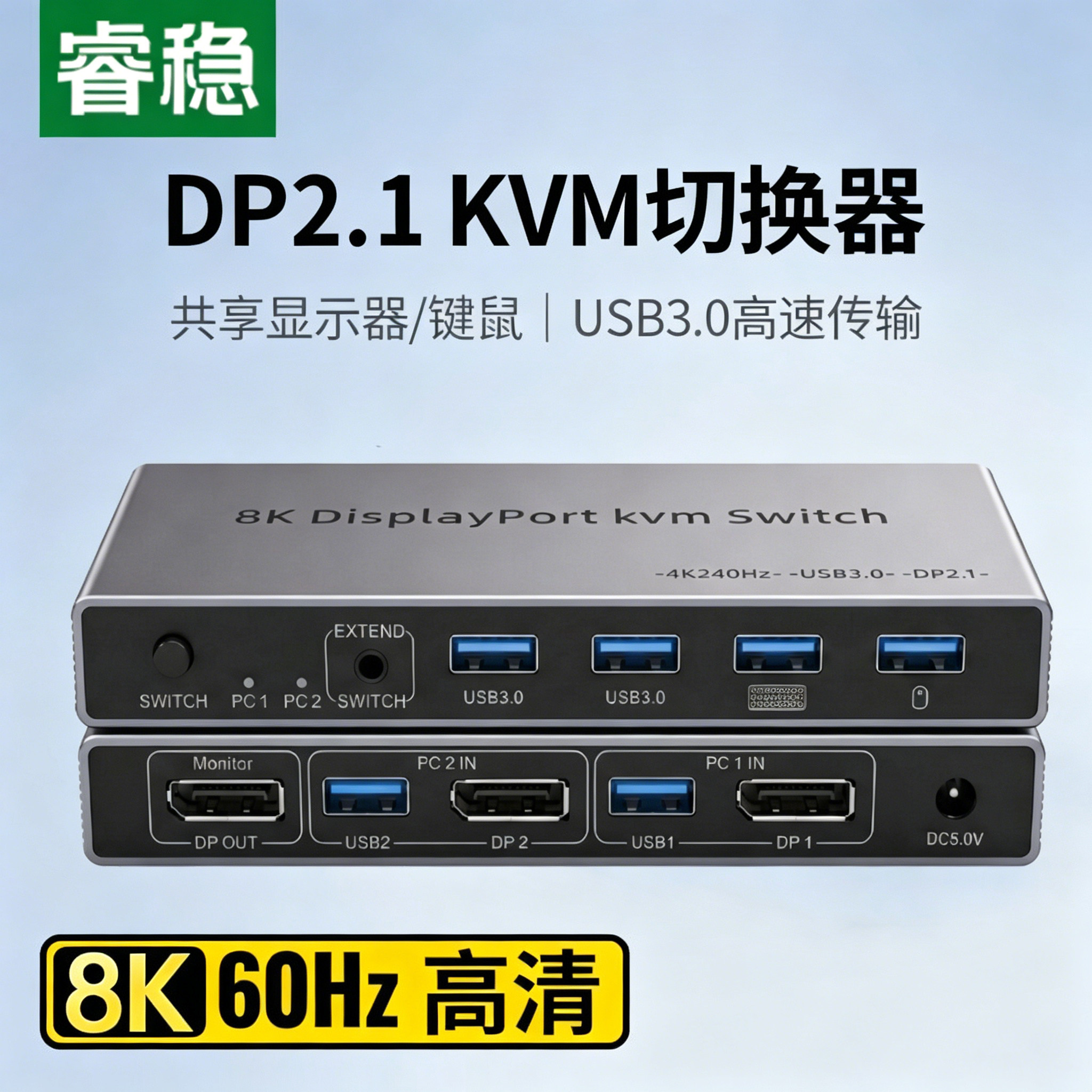 睿稳 dp切换器二进一kvm二口8K超高清4K2进1出两台电脑主机共用键盘鼠标显示器影音同步传输