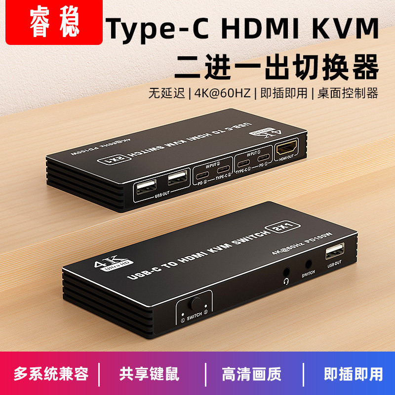 睿稳KVM切换器Type-C转HDMI/DP图片