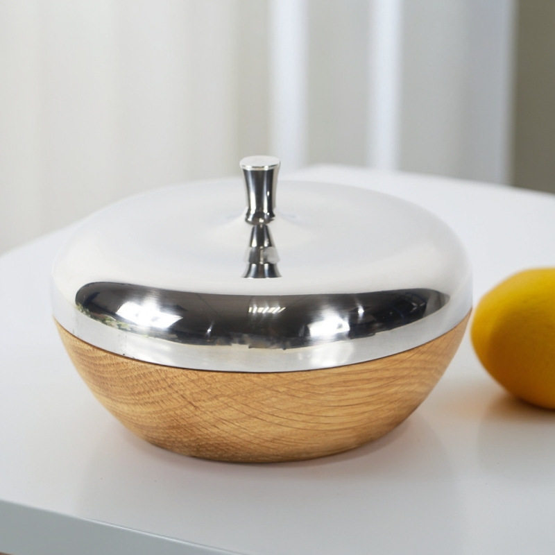 北欧风实木干果盒果盘不锈钢糖果罐储物罐摆件家用干果罐软