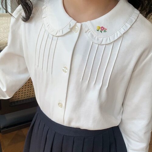 日系女童全棉樱桃刺绣花边领衬衫