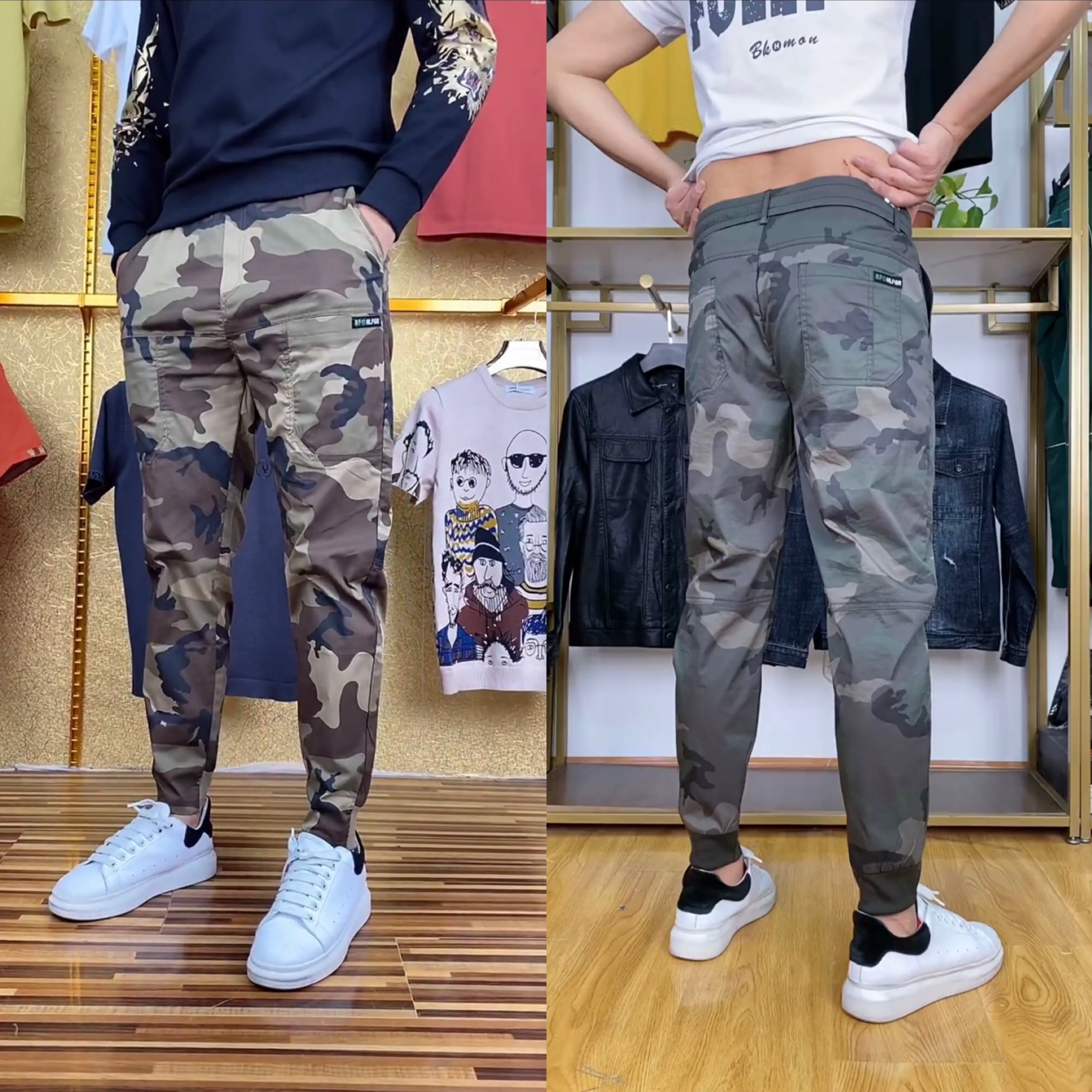 9616春季男士修身个性潮牌长裤休闲迷彩印花工装小脚裤运动六兜裤