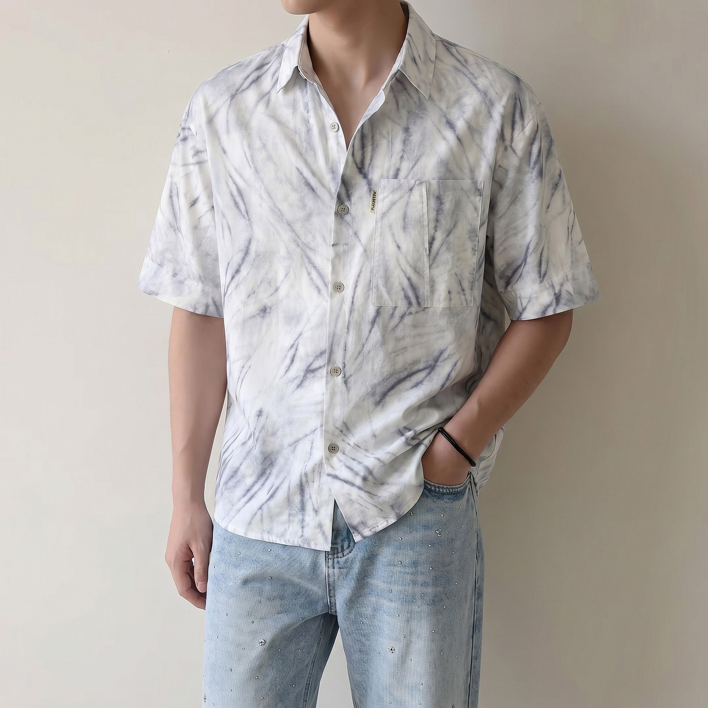 男士夏季薄款透气扎染短袖衬衫