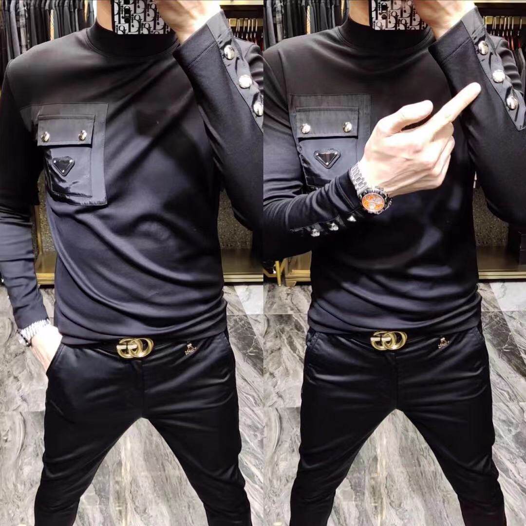 H6607春季新款男士欧货加绒长袖T恤商务休闲百搭寸领拉绒套头衫男