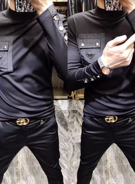 H6607春季新款男士欧货加绒长袖T恤商务休闲百搭寸领拉绒套头衫男