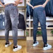 子抖音快手男裤 S112秋季 帅 小脚牛仔裤 拼色灰黑两色裤 男士 弹力修身