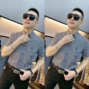 13夏季男士半袖衬衫男欧货千鸟格翻领潮流无痕免烫夏装格子衬衣男