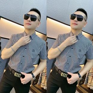 男欧货千鸟格翻领潮流无痕免烫夏装 13夏季 衬衫 半袖 格子衬衣男 男士