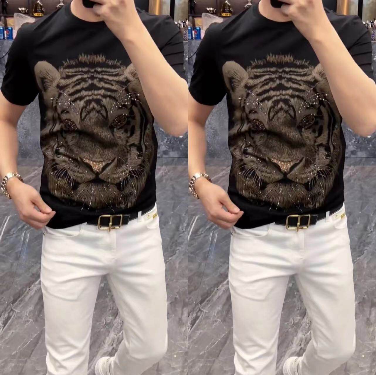 6001欧洲站2023新款男款短袖T恤时尚虎头印花圆领夏装小衫半袖男