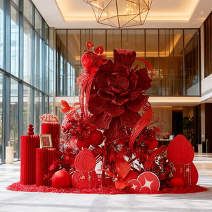 春节氛围场景布置商场公司新年装饰网红打卡造景纸花马年拍照道具