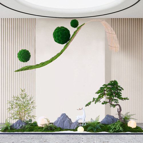 仿真绿植造景大型落地装饰摆件苔藓球迎客松酒店室内外楼梯下摆设