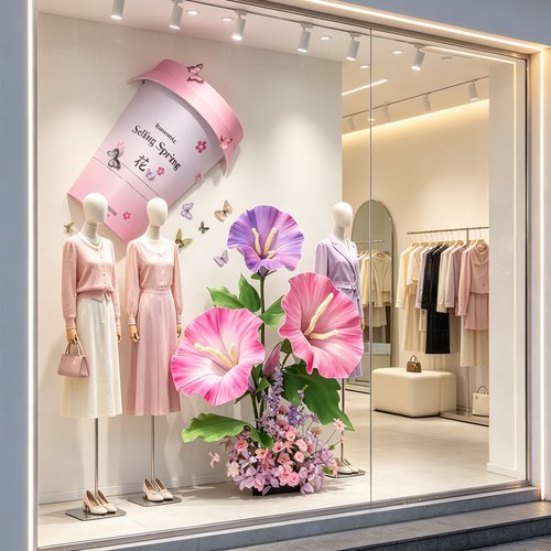 女装店橱窗装饰场景布置紫色仿真花造景奶茶咖啡店氛围感拍照道具