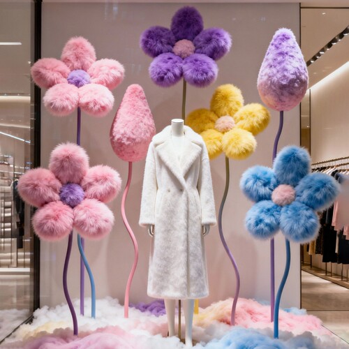 服装店橱窗装饰造景仿真毛绒花网红打卡拍照道具冬季美陈场景布置