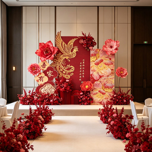 eva仿真花婚礼布置假花订婚宴舞台背景墙装饰红色地排花中式道具
