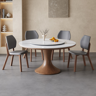实木高端岩板餐桌椅组合现代简约小户型圆形家用圆桌带转盘饭桌子